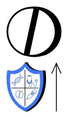 Haplar, DNA sarmalı, steteskop, hap ve şırınga sembolleri ve yukarı doğru ok ile kalkan. Tıbbi gelişim, sağlık koruması, tıbbi biyoteknoloji, sağlık hizmetleri için ideal