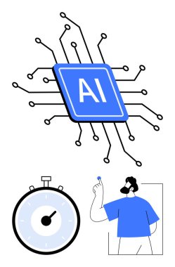 Devreli kronometre ve insan yapımı yapay zeka çipi. Teknoloji için ideal, yapay zeka, yenilik, hız, zaman yönetimi, verimlilik, dijital dönüşüm. Satır metaforu