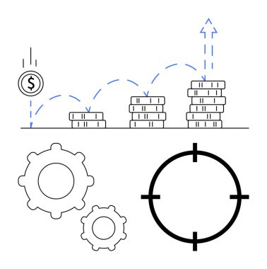 Mali büyüme gösteren bozuk paralar, ilerlemeyi sembolize eden vitesler, hedefler için hedef simgesi. İş, finans, stratejik planlama, yatırım, ekonomik kalkınma için ideal. Çizgi