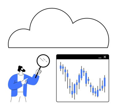 Individual holding magnifying glass examines stock market data chart with candles, placed under a cloud graphic. Ideal for finance, analysis, cloud computing, business, technology, data, research clipart