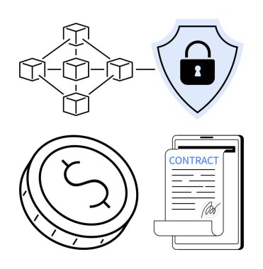 Birbirine bağlı blokları olan engelleme zinciri, kilidi olan kalkan, dijital para birimi ve cihazda elektronik kontrat. Teknoloji, güvenlik, finans, engelleme zinciri eğitimi ve yenilik için ideal