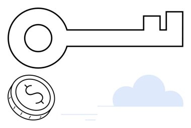 Altında dolar işareti ve bulut olan paranın yanında anahtar. Mali büyüme, iş fırsatları, yatırımlar, refah yönetimi, tasarruf stratejileri, ekonomik kavramlar, mali