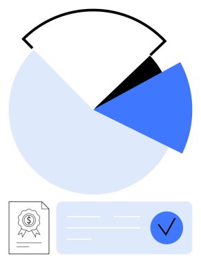 Üç farklı kesitli büyük segmentli pasta grafiği, sertifika belgesi ve işaretli bir fatura. Finans, iş planlaması, istatistik, veri sunumu, bütçe ve yatırım için ideal
