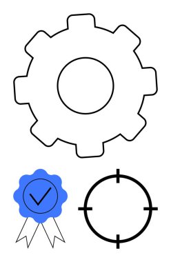Dişlileri sembolize eden mekanizmalar, sertifikayı gösteren işaretli sertifika ve odak gösteren hedef simgesi. Üretkenlik, kalite güvencesi, hedef belirleme ve başarı için ideal
