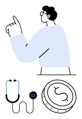 Yukarı bakan mavi kazaklı erkek figürü, steteskop ve dolar para sembolü. Sağlık hizmetleri, tıbbi danışmanlık, finans, sigorta, sağlık giderleri, sağlık hizmetleri planlaması için idealdir. Çizgi