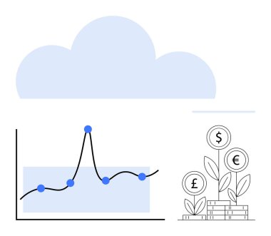 Çizim çizgisi ve veri işaretleri olan grafikler büyüyen bitkiler üzerindeki para birimi sembollerini gösteriyor. Finans, büyüme, yatırım, analitik, ekonomi, para, teknoloji için idealdir. Satır metaforu
