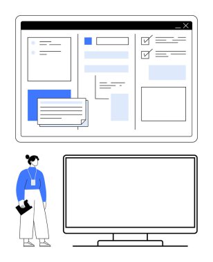 Büyük bir bilgisayar ekranında dijital verileri inceleyen bir kadın. İş analizi, proje yönetimi, üretkenlik araçları, eğitim materyali, işyeri eşitliği, veri görselleştirme ve dijital için ideal