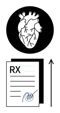 Anatomik kalp, imzalı bir tıbbi reçetenin üzerinde yukarı doğru ok ile işaretlenmiş bir çemberin içinde. Sağlık, kardiyoloji, sağlık, tıbbi tavsiye, reçeteler, kalp sağlığı farkındalığı için idealdir. Çizgi