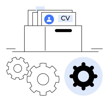 Otomasyon ve verimliliği temsil eden üç vites içeren bir klasördeki CV belgeleri. İdeal İK süreçleri, işe alım, iş başvuruları, verimlilik, iş akışı otomasyonu, özgeçmiş yönetimi, istihdam