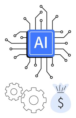 Devrelerle bağlantılı yapay zeka çipi, birbirine kenetlenmiş iki vites, ve bir dolar işaretli bir para çantası teknoloji odaklı başarı. Teknoloji, finans, yenilik, yatırım, otomasyon için ideal