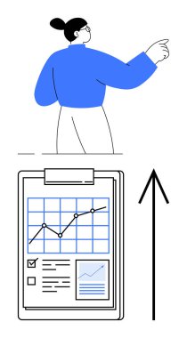 Yukarıya bakan, mali tabloları ve yukarı doğru ok gösteren bir panoyla uğraşan biri. Ticari büyüme, sunumlar, mali raporlar, analitikler, pazar eğilimleri ve strateji için ideal