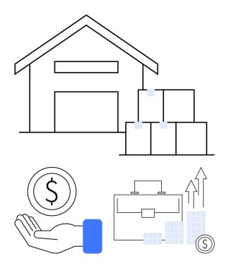 Kutularla dolu bir depo, bir dolarlık bozuk para, evrak çantası, yükselen mali tablolar ve para. Lojistik, envanter yönetimi, mali büyüme, iş yatırımı, başlangıç stratejisi için ideal