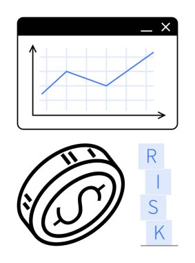 Finansal büyüme grafiği yükselen bir eğilimi, zenginliği temsil eden bozuk para yığınını ve RISK harfleriyle blokları gösteriyor. Finans, yatırım, zenginlik yönetimi, risk analizi ve ekonomi için ideal