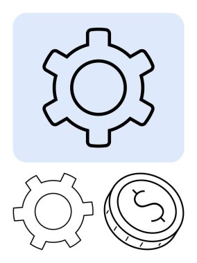 Vites dişlileri ve bir dolar para endüstriyel işlevselliği ve finansal dengeyi simgeler. İş, finans, mühendislik, yatırım, ekonomi, endüstri ve teknoloji konuları için idealdir. Çizgi