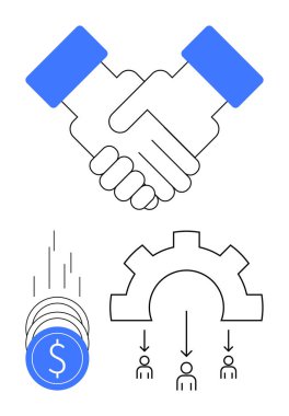 İşbirliğini temsil eden el sıkışma, yatırımı sembolize eden madeni paralar ve iş gücü yönetimi için insan simgeleriyle teçhizat. İş, finans, takım çalışması, yatırım, ortaklık ve insan için ideal