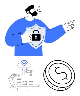 Adam kalkanı kilit altında tutuyor, robotik kolu üretim hattında, dijital para birimi. Siber güvenlik, otomasyon, finans, IoT, engelleme sektörü 4.0 teknolojisi için ideal