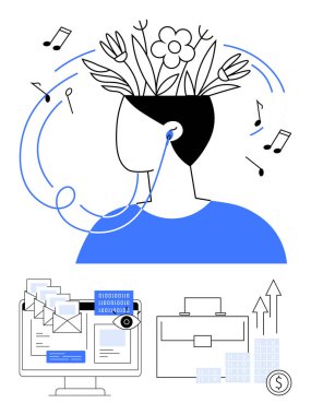 Kafasından müzik dinleyerek büyüyen çiçeklerle soyut bir insan. E- postalı bilgisayar, ikili kod. Bavul, yukarı doğru oklar. Yaratıcılık, yenilik, iş hayatı dengesi, üretkenlik için ideal