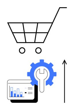 Alışveriş arabasının vites kutusunun anahtarı yukarı doğru gidiyor. E-ticaret, teknoloji, büyüme, çevrimiçi iş, analitik, araçlar, verimlilik için ideal. İlerleme için satır metaforu