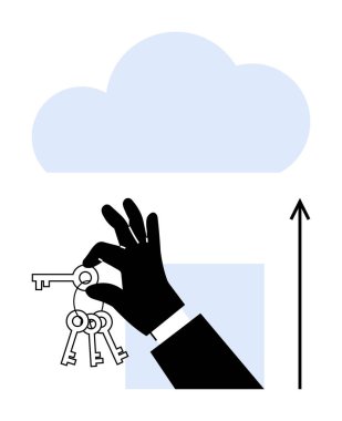 Yukarı doğru ok atan bir bulutun altında el ele tutuşan anahtarlar. Dijital güvenlik, bulut hesaplama, veri erişimi, teknoloji büyümesi, yenilik, gelecek vizyonu, fırsat için ideal. Satır metaforu