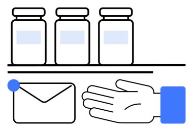 Three medicine bottles on a shelf, a hand with a blue cuff reaching towards an envelope with a blue dot. Ideal for healthcare, medication management, pharmacy, communication, mailing, organization clipart