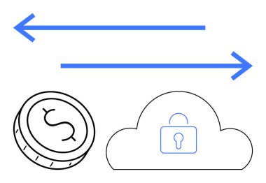 Mavi oklar para akışını, dolar işaretli madeni parayı ve asma kilitli bulut ise mali ve bulut güvenliğini simgeliyor. Bankacılık, fintech, siber güvenlik, veri yönetimi için ideal