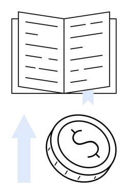 Bir kitap ayracı, bir dolar işareti olan bozuk para ve finansal gelişmeyi simgeleyen yukarı doğru ok. Eğitim, finans, yatırım, büyüme, tasarruf, öğrenme ve iş geliştirme için ideal