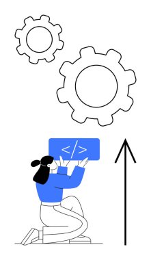 Dişi kodlayıcı kod bloğuyla diz çöküyor, büyük vites simgeleri ve yukarı doğru ok ile çevrili. Yazılım geliştirme, kodlama, teknoloji, ilerleme, kariyer büyüme mühendisliği ve yenilik için ideal. Çizgi