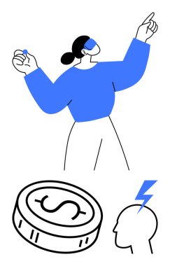 Gözleri bağlı bir kadın, para basıyor, kafasının üstünde şimşek çakıyor. Fikirleri simgeliyor. Yenilik, yaratıcılık, yatırım, finans, girişimcilik, beyin fırtınası öngörüleri için ideal