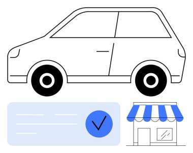 Park edilmiş bir araba, mavi tenteli bir dükkan, işaretli bir belge. Araba kiralama, alışveriş, teftişler, onaylar, müşteri hizmetleri lojistik taşımacılığı için ideal. Satır metaforu