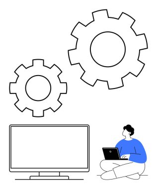 Büyük dişlilerin altında dizüstü bilgisayarlı ve mavi gömlekli bir adam oturuyor. Teknoloji, mühendislik, yazılım geliştirme, bilişim çözümleri, üretkenlik, beyin fırtınası ve yenilik için ideal