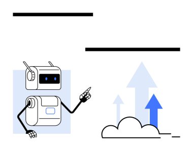Robot bulutu yukarı doğru ok ile işaret ediyor. Teknoloji, otomasyon, büyüme, yenilik, gelecek, ilerleme, verimlilik çizgisi metaforu için ideal