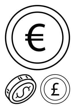 Minimalist siyah beyaz çizgi sanatıyla çizilmiş Euro, dolar ve pound para birimleri. Finans, bankacılık, ekonomi, döviz kuru, finansal okur yazarlık yatırımı ve muhasebe için ideal. Çizgi
