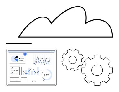 Analitik gösterge paneli ve iki dişlinin üzerinde bulutlar uçuşuyor. Teknoloji, veri analizi, bulut bilgisayarı, bilişim hizmetleri, iş analizleri, dijital dönüşüm, sistem optimizasyonu için idealdir. Çizgi