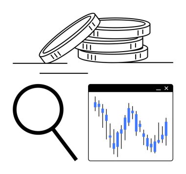 Pencerede büyüteç ve finansal grafiğin yanında birikmiş madeni paralar. Yatırım, tasarruf, mali analiz, piyasa araştırması, ekonomik eğilimler, veri analizleri, iş stratejisi için ideal
