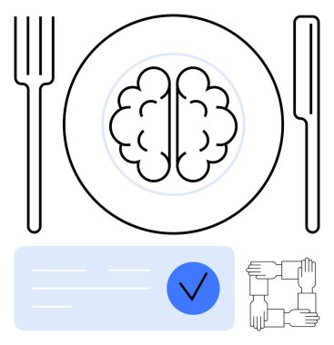 Çatal ve bıçaklı bir tabakta beyin, mavi işaret ve takım işi eller. Akıl sağlığı, diyet, idrak, takım çalışması, verimlilik eğitimi ve refah kavramları için idealdir. Satır metaforu