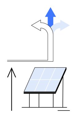 Yön hareketi gösteren oklarla çevrili güneş paneli enerji üretiyor. Yenilenebilir enerji, güneş enerjisi, sürdürülebilirlik, çevresel etki, enerji verimliliği, teknoloji için ideal