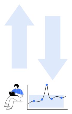 İki büyük ok büyümeyi ve düşüşü simgeler. Dizüstü bilgisayarı olan biri grafik çizelgesini inceliyor. İş dünyası, veri analizi, strateji, eğilimler, karar verme, değerlendirme, planlama için ideal