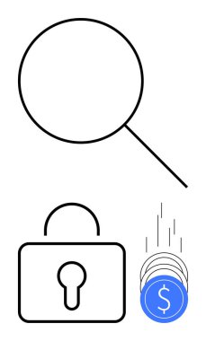 Büyüteç, asma kilit ve bozuk para yığını. Güvenlik, finansal analiz, gizlilik, veri koruması, yatırım amaçlı internet bankacılığı tartışmaları için ideal. Satır metaforu