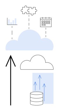 Bulut, çizelge, bulmaca parçaları, takvim, ok, yukarı doğru oklu veri tabanı. Bulut hizmetleri, veri entegrasyonu analitikleri büyüme depolama çözümleri dijital dönüşüm için idealdir. Çizgi