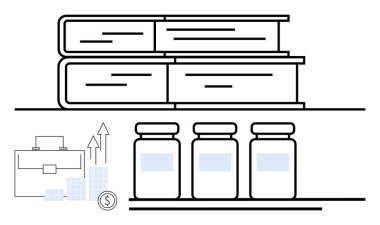 Bir yığın kitap, üç ilaç şişesi ve iş analiz elementleri evrak çantası, çizelgeler ve yükselen oklar. Eğitim, sağlık, iş büyümesi, finansal analiz pazarı için ideal