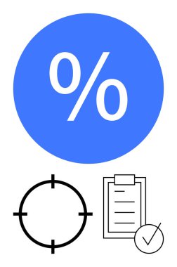 Siyah bir hedef sembolün üzerinde mavi çemberdeki yüzde sembolü ve işaretli bir kontrol listesi. Mali raporlar, hedef izleme, üretkenlik, iş planlaması, başarı ölçümleri için ideal
