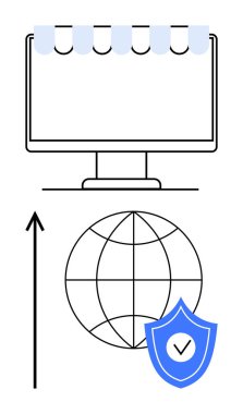 Bilgisayar monitörü ve yukarı doğru ok küresi kalkanı, tamam. E-ticaret, güvenlik, küresel erişim, dijital pazarlama, büyüme, koruma, internet için ideal. Satır metaforu