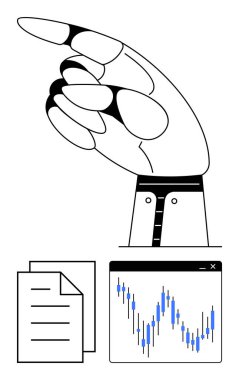 Yukarıya bakan robot eli, iki belge ve finansal tablonun yanında. Teknoloji, finans, otomasyon, yenilik, veri analizi, gelecek eğilimleri iş büyümesi için idealdir. Satır metaforu