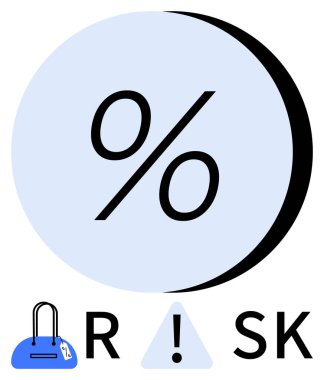 Mavi bir daire içindeki yüzde işareti yarı yarıya bölünmüş, yanında bir el çantası, R harfi, bir üçgenin içindeki ünlem işareti ve SK harfi var. Finans, risk yönetimi, uyarılar, bankacılık için ideal