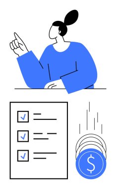 Woman pointing at a checklist with checkmarks and falling coins. Ideal for financial planning, budgeting, investing, money management, business strategies, goal tracking, savings. Line metaphor clipart