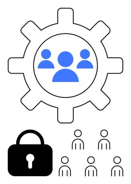 Grup simgesi siyah kilidi ve bireyleri olan vites sembolü. Takım çalışması, güvenlik, işbirliği, işbirliği, koruma, mahremiyet, güvenlik kavramları için ideal. Satır metaforu