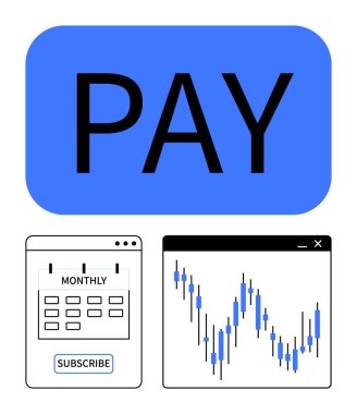 Mavi düğmeli ödeme düğmesi, aylık abonelik takvimi sayfası abonelik düğmesi, şamdan desenli finans tablosu. Finans, abonelik, ödemeler, fintech, e-ticaret, bütçe