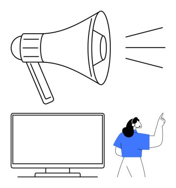 Megafon ses dalgaları yayıyor, bilgisayar ekranını işaret eden biri. Pazarlama, iletişim, reklam, yayın, duyurular, halkla ilişkiler için ideal. Satır metaforu