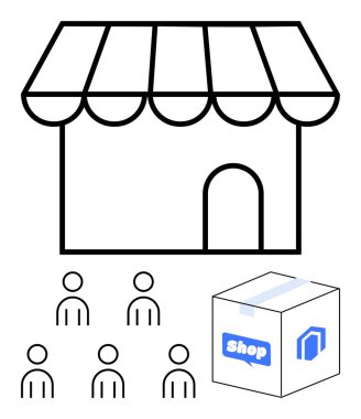 Beş müşterisi olan bir mağaza önü ve üzerinde Dükkan yazan bir teslimat kutusu. E-ticaret, çevrimiçi perakende, müşteri hizmetleri, ev teslimatı, lojistik, alışveriş, dijital pazar yeri için ideal. Satır metaforu
