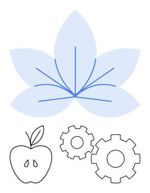 Damarlı mavi yaprak, siyah elma çizgisi ve iki vites. Sürdürülebilirlik, teknoloji, yenilik, çevre dostu, sağlık eğitimi tarım temaları için idealdir. Satır metaforu